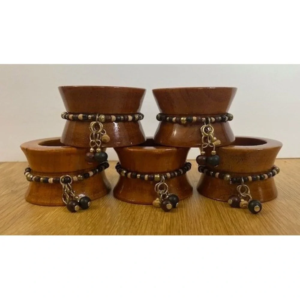 Napkin Rings Set of 5 Brown Good Wooden Beaded Boho Spool Style